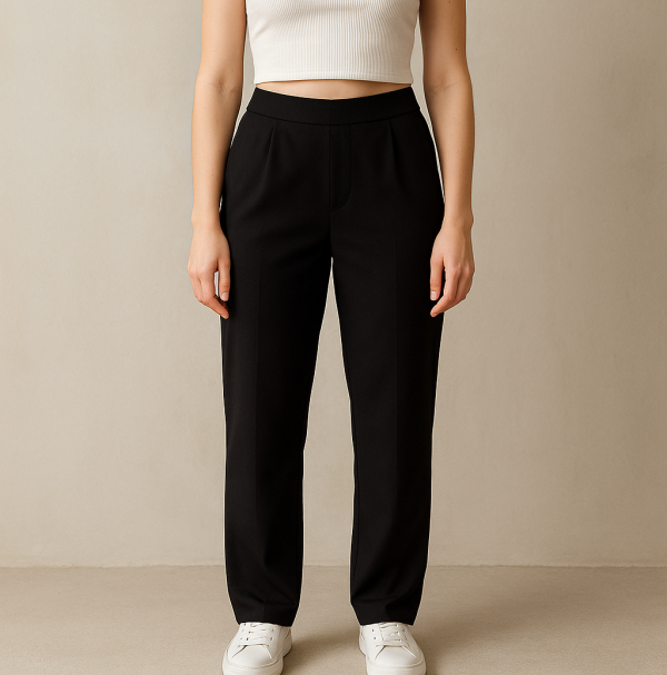 P05S Lollie - Broek met band voor en rek agter pdf patroon Standaard S-4XL (A4, A3, A0) Afr & Eng. Geweefde stowwe