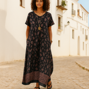D007 - Kaftan Plooi-rok met aansny mou en sakke, pdf patroon S-5XL, (A4,  A3, A0, Letter size), Eng. & Afr.